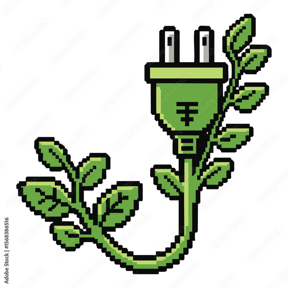 Fototapeta premium Green Energy: Pixel Art Plug with Growing Vine - Sustainable Power Illustration