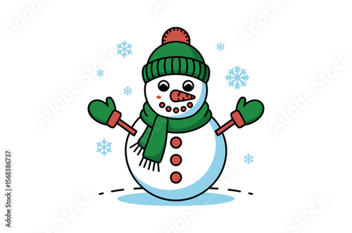 Cute cartoon snowman with winter accessories.
