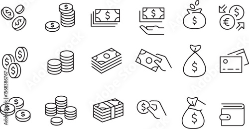 Thin line icon set of money coin currency cash saving finance dollar payment wealth economy. Pixel perfect icons, editable stroke.	
