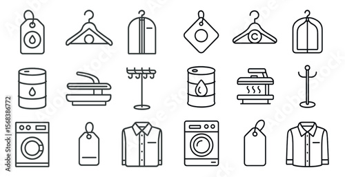 Set of clothes and laundry items are shown in a line drawing. The clothes include shirts, pants, and a jacket. The laundry items include a washing machine, dryer, iron, and a bottle