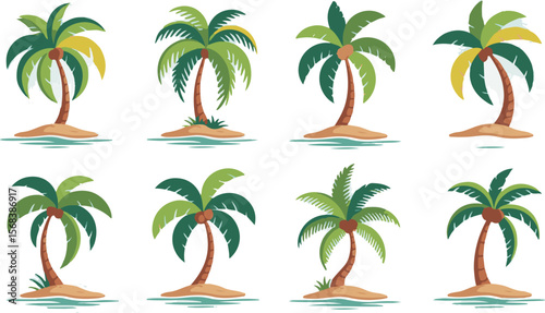 Vector art of collection of eight palm trees on sandy islands isolated on white background