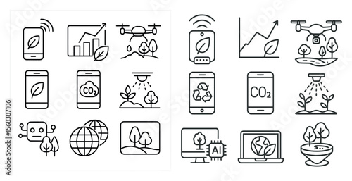 Set of icons for technology and the environment. The icons include a cell phone, a laptop, a tablet, a drone, a smart watch, a smart TV, a smart speaker, a smart home, a smart car, a smart city