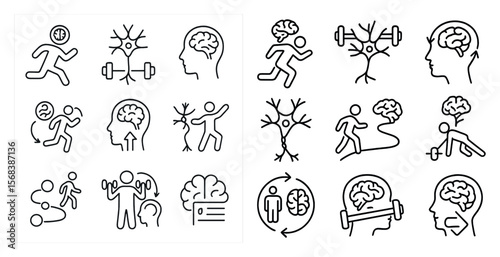 The image is a collection of various human activities and brain-related symbols. The activities include running, lifting weights, and doing yoga. The brain-related symbols include a tree, a brain