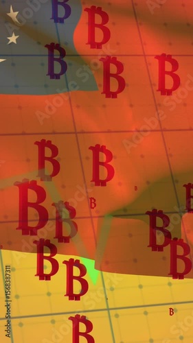 Animation of multiple bitcoin symbols and graphs over grid network against samoa flag