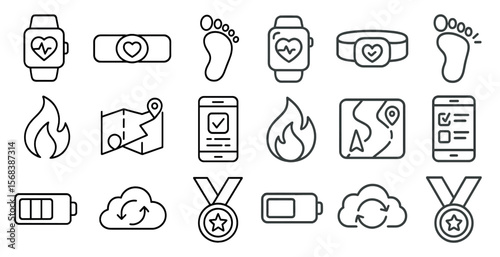 Collection of icons for various devices and apps, including a watch, a phone, a tablet, and a smart watch