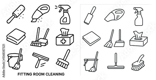 Set of cleaning tools and supplies are shown in two different sets. The first set is labeled "Fitting Room Cleaning" and includes items such as a broom, dustpan, and cleaning spray