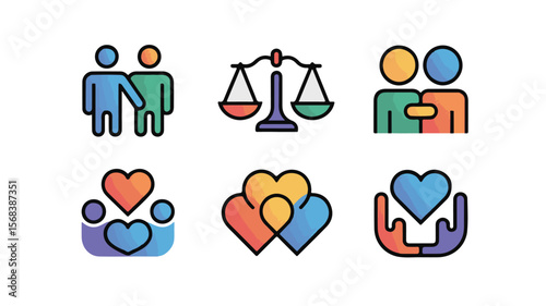 Vector art of icons representing love, relationships, and equality