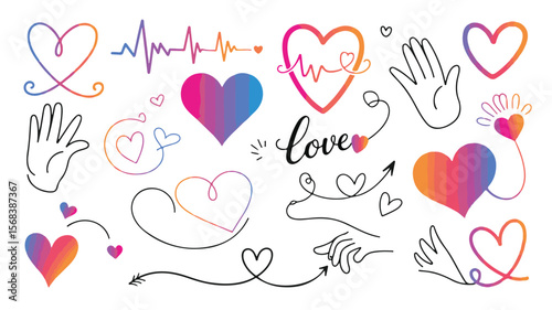 Vector art of romantic heart and heartbeat illustrations with love symbols