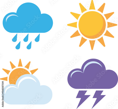 Weather icons showing sun rain partly cloudy and thunderstorm on white background