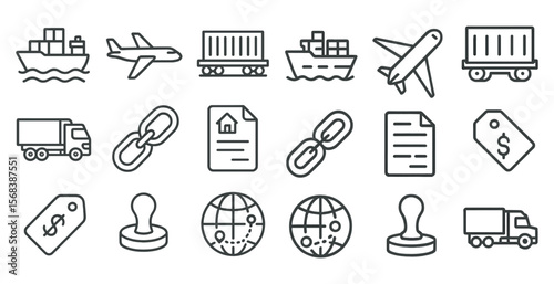 Collection of icons for various modes of transportation and shipping. The icons include airplanes, ships, trucks, and other vehicles. Scene is one of travel and commerce