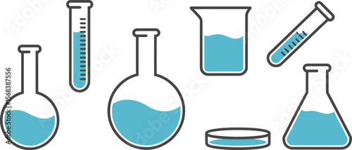 Illustration of various laboratory glassware filled with blue liquid on white background