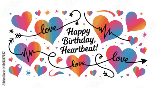 Vector art of happy birthday heartbeat with colorful hearts