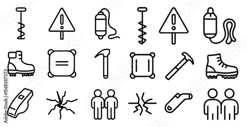 Collection of construction and safety symbols. The symbols include a hammer, a screwdriver, a wrench, a pair of boots, a pair of skis, a pair of snowshoes, a pair of cleats