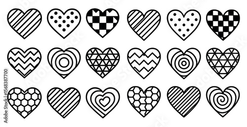 Collection of hearts with different patterns and designs. The hearts are all black and white, and they are arranged in a grid. Scene is one of simplicity and elegance