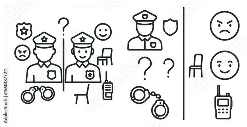 Police officer is standing between two other police officers. One of the officers is smiling and the other is frowning