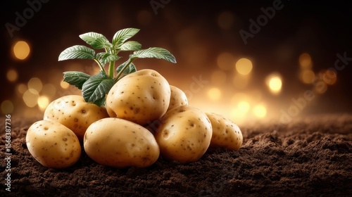 Freshly harvested potatoes on rich brown soil background