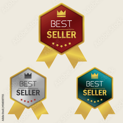 Best seller Badges Set, Golden and Metal Vector Stamps and Hexagon Label Design with text design