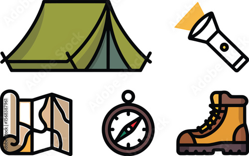 Illustration of camping equipment including tent map compass boot and flashlight