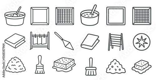 Series of black and white icons depicting various tools and objects related to home improvement and construction. The icons include a hammer, a paintbrush, a bucket, a ladder, and a tarp