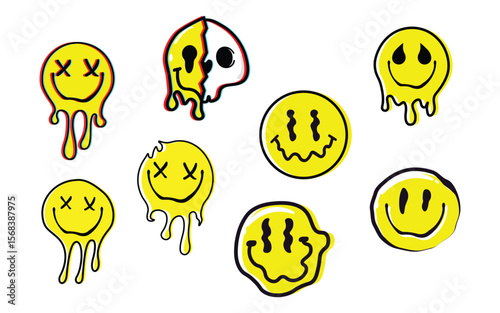 Drippy happy face bundle – psychedelic and retro vector set for t-shirts, posters, and digital art