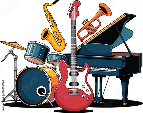 Illustration of a variety of musical instruments including drums guitar piano etc
