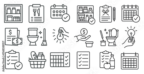 Collection of icons for a calendar, including a toilet, a checkbook, and a calendar. The icons are arranged in a grid, with some overlapping and others standing alone