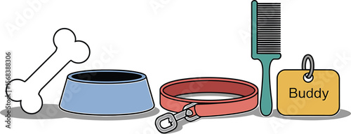 A cartoon image of dog accessories including a bone bowl collar comb and tag buddy
