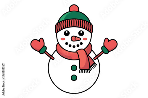 Cute cartoon snowman with winter accessories.