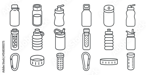 Set of water bottles and cups are shown in a line. The bottles and cups are of various sizes and shapes, and they are all lined up next to each other. Concept of organization and order