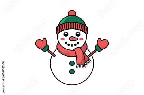 Cute cartoon snowman with winter accessories.