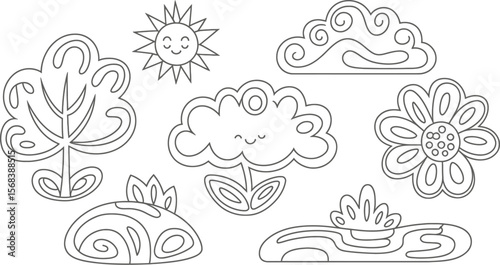 Black and white line art of nature elements including sun cloud tree and flower