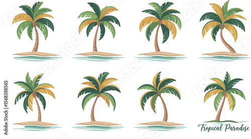 Vector art of collection of tropical palm trees on sandy islands