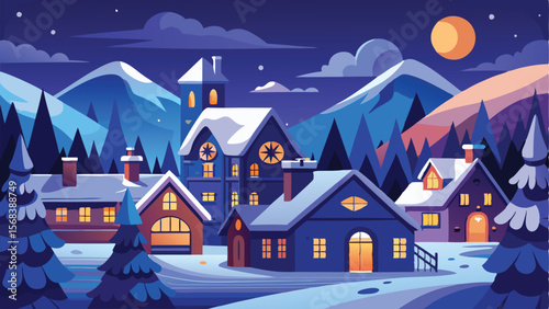 Nighttime Winter Village Illustration with Snowy Mountains, Houses, and Golden Moon Shining Brightly