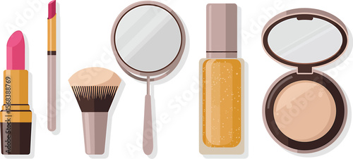A flat lay illustration of makeup products including lipstick and compact mirror