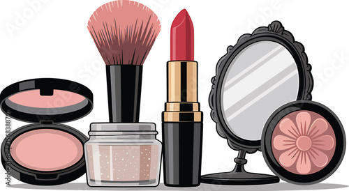 A still life arrangement of makeup products including lipstick and blush compacts