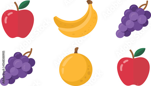 A grid of six fruit illustrations including apples bananas grapes and a melon