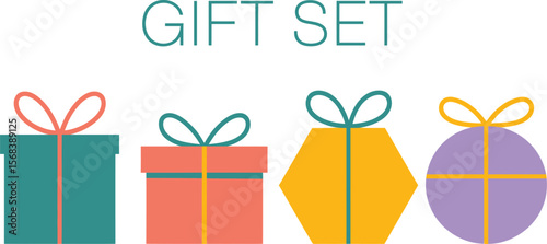 Illustration of four colorful gift boxes with ribbons against a light background