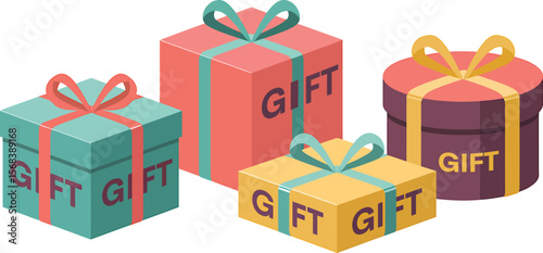 A collection of four colorful gift boxes with ribbons and the word gift on them
