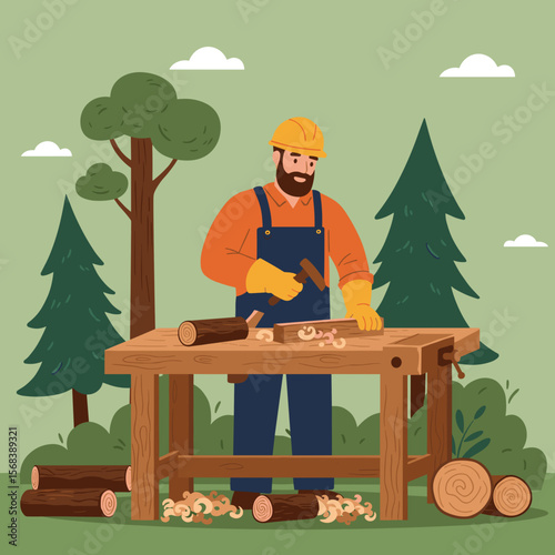 Bearded carpenter working at wooden workbench outdoors in forest  