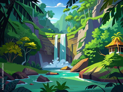 vector of The amazing Leke-Leke waterfall near Ubud in Bali, Indonesia. Very beautiful and lush waterfall...