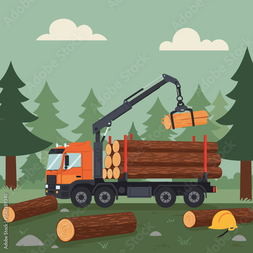 Logging truck transporting wooden logs in forest with trees  