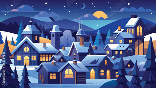 Stylized Snowy Village Illustration with Crescent Moon, Stars, and Illuminated Windows at Night