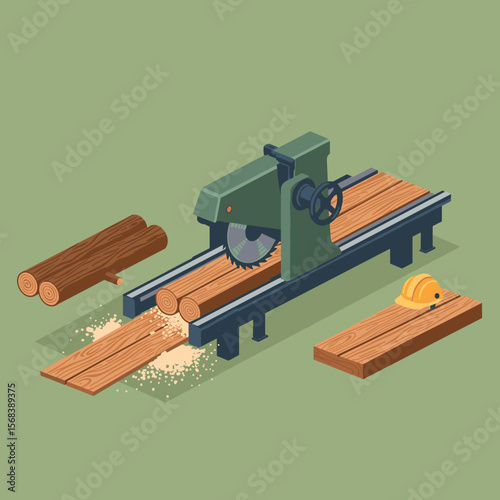 Woodworking machine cutting logs into planks in industrial style  