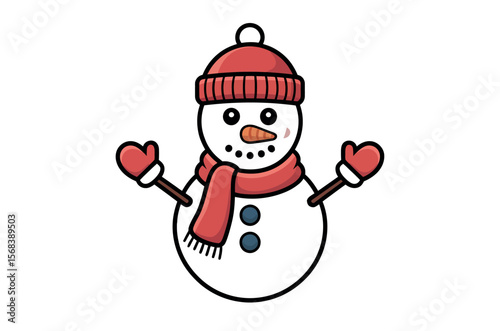 Cute cartoon snowman with winter accessories.