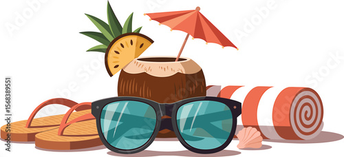 Illustration of beach accessories including sunglasses and a coconut drink