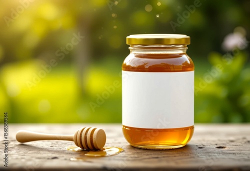 White blank Honey Jar Mockup with Dipper and Gold Cap on Wooden Table Outdoors, blurred, lush green backdrop, 32k Resolution