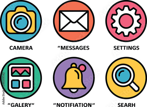 Icons representing camera messages settings gallery notification and search apps
