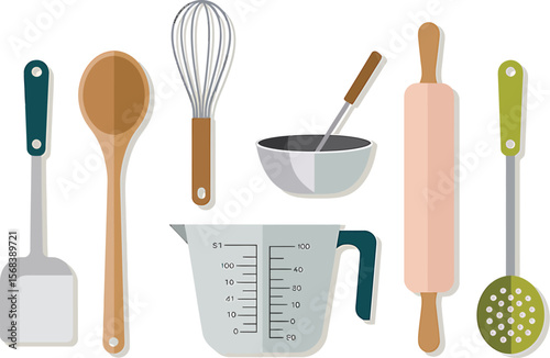 Illustration of kitchen utensils including a bowl and measuring cup on white