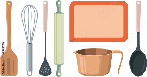 Illustration of kitchen utensils including spatula whisk and rolling pin on white