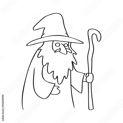 Line drawing a wizard with a hat a curved walking stick on beard